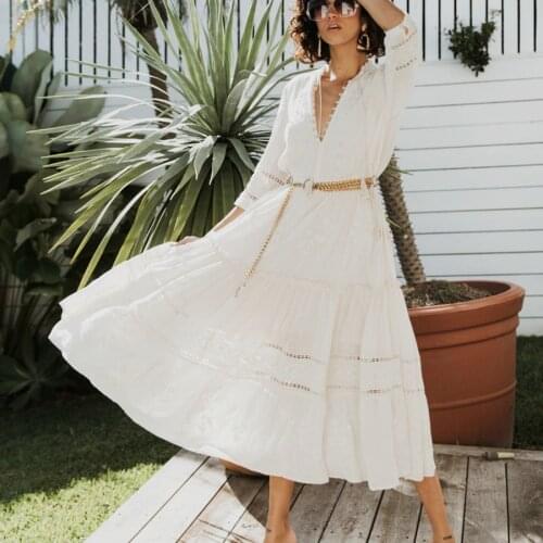 AYUALIN floral emboidery white lace dresses women vintage v neck tassel autumn long dress 2020 boho robe lady party vestidos
