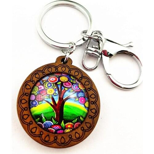 1pcs 2020 New style, tree of lif Keychain Key buckle Wood Tray base with Prawn button Buddhist cultural for women party gift