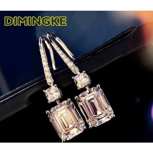 DIMINGKE 3CT Rectangular Super Flash Earrings 100%-S925 Sterling Silver 18K Gold Jewelry Wedding Party Birthday Woman Gift