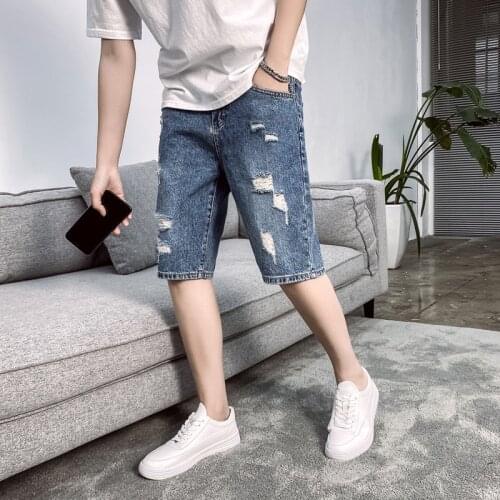 Summer Denim Shorts Mens Hole Beggar Loose Straight Pants Korean Trend Ins Wild Five-Point Casual Short Jeans