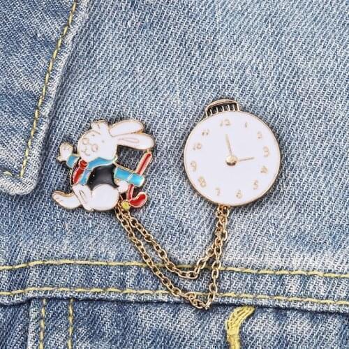 Cartoon Cute Animals Rabbit Enamel Brooch Clock Chain Detachable Pendant Alloy Pins Badge Fashion Woman Jewelry Gift For Friends