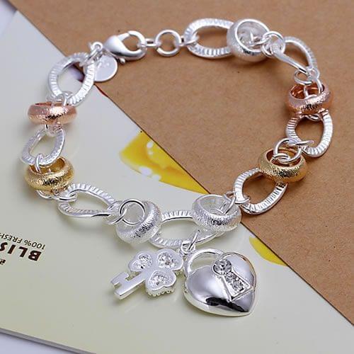 H233 Silver Color 925 Jewelry Popular Bracelet For Women Girl Fashion Jewelry Heart Lock And Flower Key /bivakaca Axbajoia