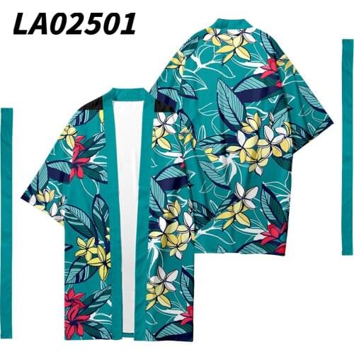 Leaves Floral Printed Long Style Kimono Beach Cardigan With Belt Japanese Couple Women Men Casual Asian Clothes Harajuku