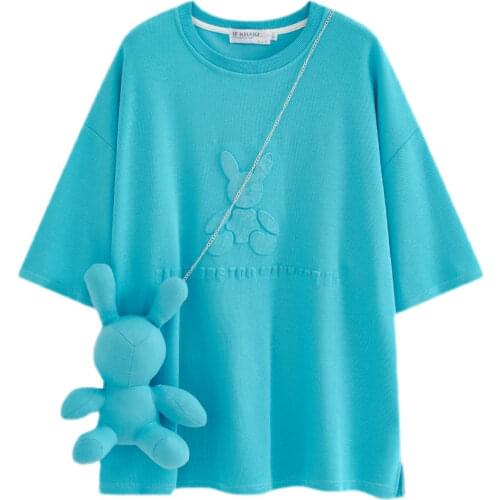 Summer Solid Color Casual Loose Cartoon Short Sleeve T Shirt Women Satchel Non-iron Round Neck Tee With Rabbit Toy