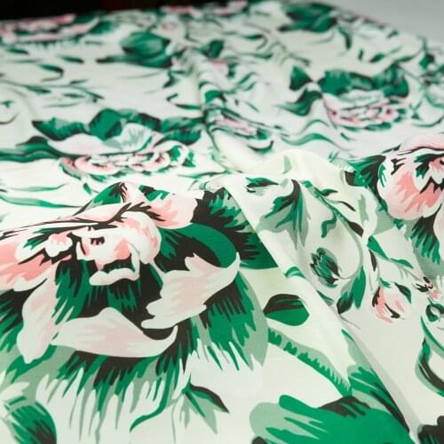 Fashion brand green big flowers print pure silk crepe de chine fabric,53"width,sewing for dress,skirt,blouse,craft by the yard
