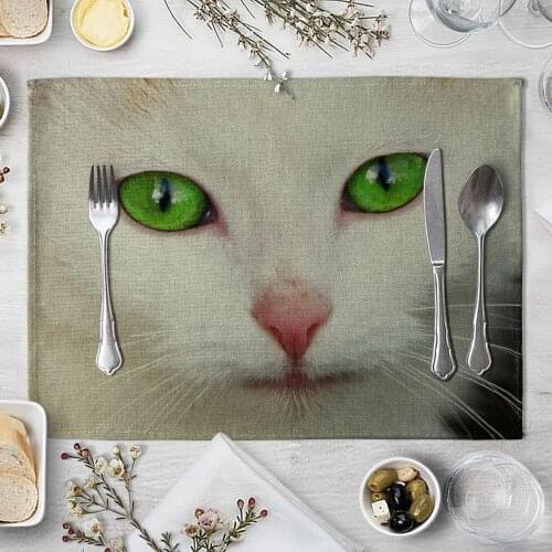 Fashion Print Rectangle Cotton Linen Western Style Table Pad Cut Mats Placemat for Dinner Kitchen Table 40x30cm Animal Cat