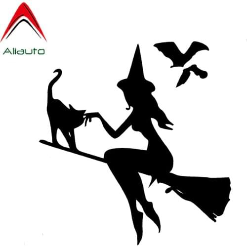 Aliauto Cartoon Car Sticker Witch on Broomstick with Cat & Bats Decor Vinyl Decal for Motorcycle JDM Smart Fortwo Kia,15cm*14cm