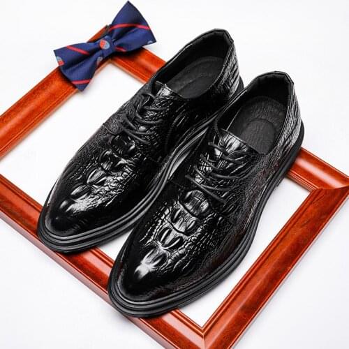 New Men Casual Cow Leather Shoes High End Crocodile Print Pointed Toe Spring Autumn Business Leisure Black Dress Shoes