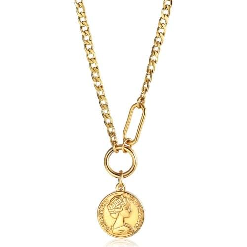 Pendant Necklace for Women 4mm Gold Color Stainless Steel Elizabeth Queen Coin Charm Girls Curb Cuban Link Chain Necklace LDN250