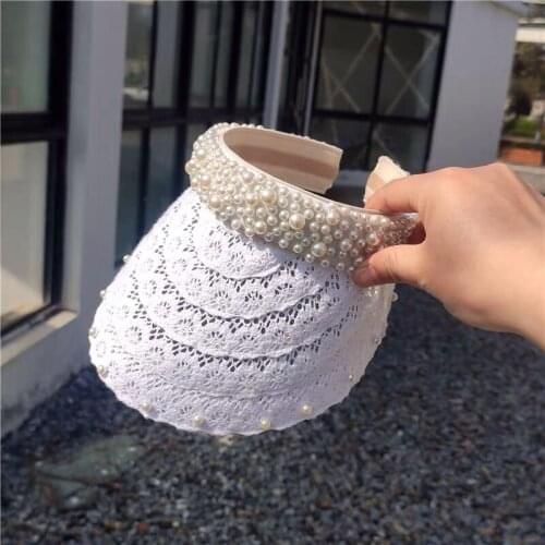 2021 New Fashion Lace Pearl Sun Hat Brim Empty Bucket Hat Women Elegant Summer Spring Outdoor Laciness Beach Accessory Visor Cap