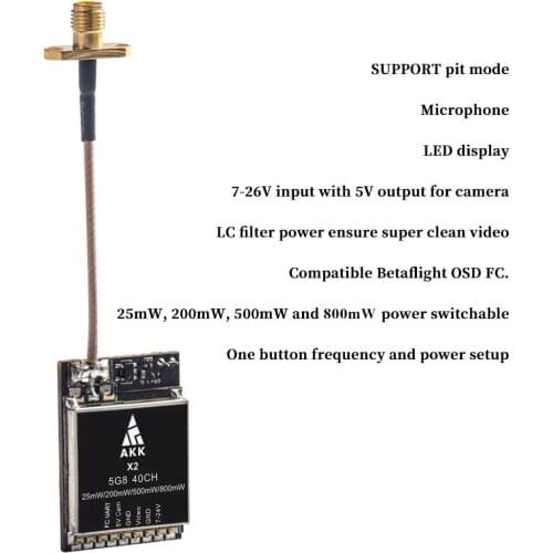 AKK X2P/X2 5.8Ghz 40CH 0.01mW/25mW/200mW/500mW/800mW Switchable FPV transmitter Compatible Betaflight OSD FC