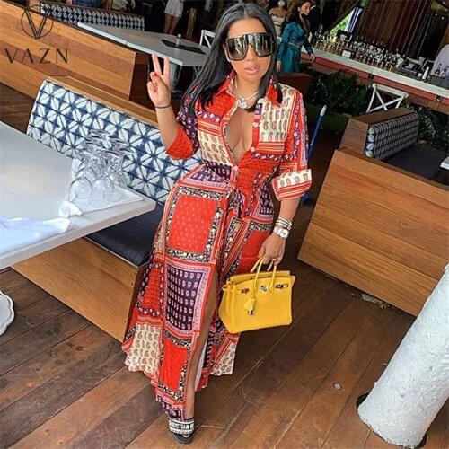 VAZN 2021 Autumn Retro Holiday Chiffon Long Dress V-Neck Full Sleeve Women High Waist A-Line Maxi Dress