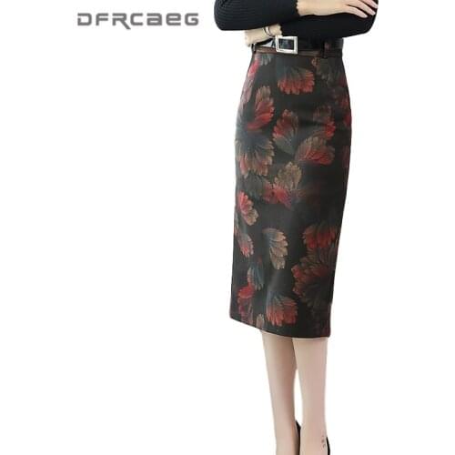 High Waist Winter Wool Pencil Skirt Women 2020 Autumn Winter Plus Size Vintage Print Sexy Split Long Skirt Female 3XL 4XL