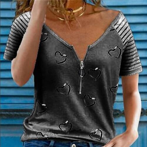 New Fashion Women T-Shirts Heart-Shaped Printed Female T-shirt Zipper Decoration V-neck Short-Sleeved Ladies Loose Top