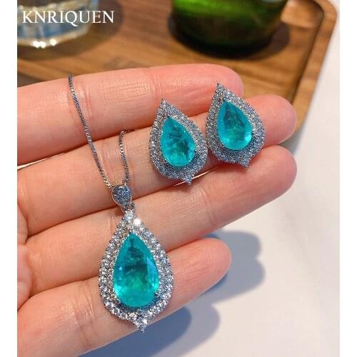 Wedding Jewelry Sets 925 Sterling Silver Paraiba Tourmaline Blue Stone Aquamarine Lab Diamonds Womens Pendant Necklace Earrings