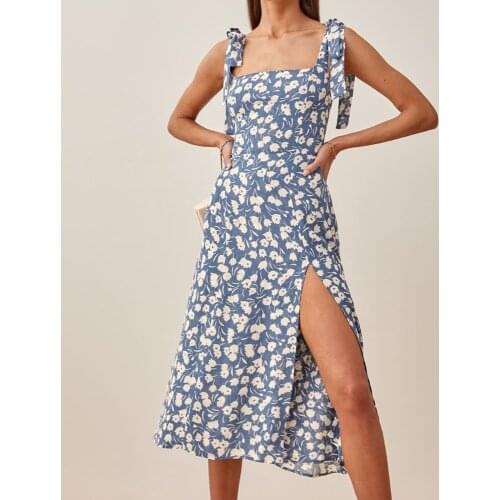 2021 Summer women party Sundresses Tie-string Dresses French Strap floral Vestidos elegance temperament Side split Midi Dress