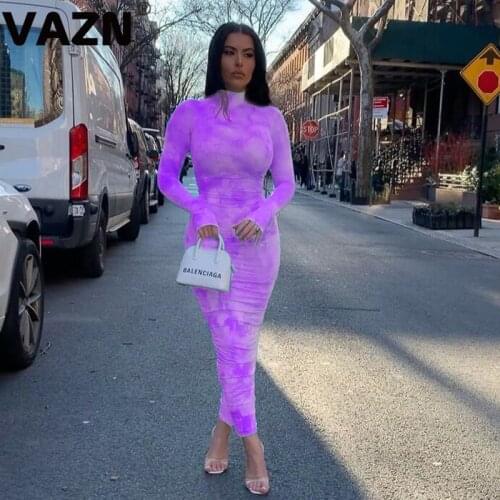 VAZN 2020 New Arrival Mature Sexy Club Energy Untidy Fashion Turtleneck Full Sleeve High Waist Women Elastic Thin Maxi Dress