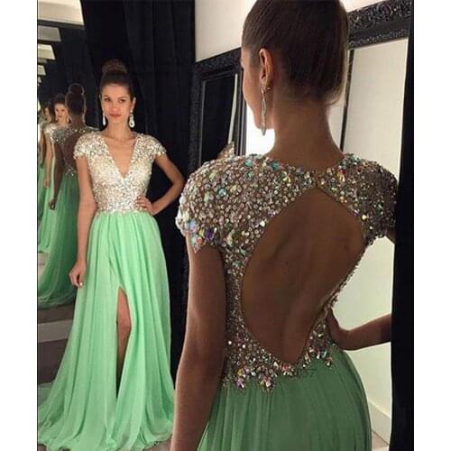 Robe de Soiree Courte Mint Green Crystal Formal Long Evening Dress 2016 Cap Sleeve Backless Prom Dresses Gown Split Abendkleider