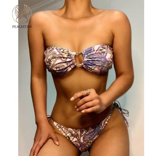 Peachtan Bandeau bikini 2021 Print swimsuit womens swimming suit Ring swimwear women Off-shoulder bathing suit Sexy 2 pieces