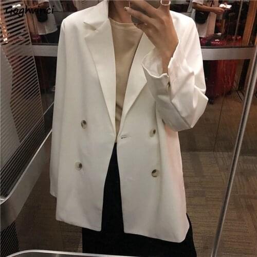 Blazers Women Spring Double-breasted Solid Commuter Fashion Korean Style Vintage Womens Outwear Office Notched Casual Autumn New