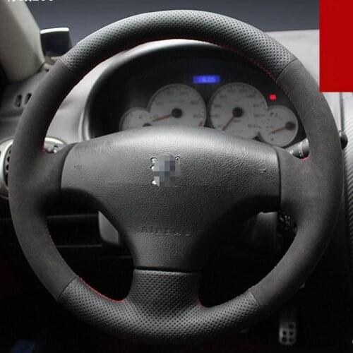 Steering Wheel Cover for Peugeot 206 Car Special Hand-stitched Black Suede Black Leather Covers