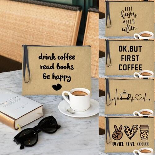 Drink Coffee Read Books Be Happy Hipster Women Shopping Bag Aesthetic Clutch Handbag Reusable Tote Cosmetic Travel Zipper Bags