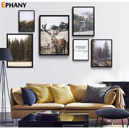 Forest Picture Nature Scenery Scandinavian Deer Poster Nordic Decor Print Winter Mountain Landscape Wall Art Canvas Painting