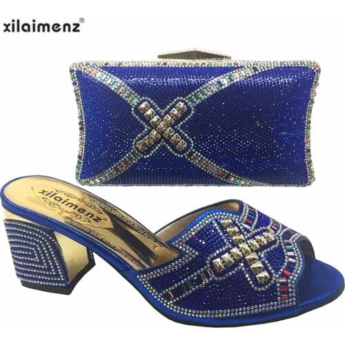 Blue Color Classics Style Matching Shoes and Bag Set with Shinning Crystal Nigerian Designer Shoes and Bag to Match 2019