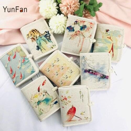 Chinese Style New Handmade Womens Fabric Wallet Disc Buckle Short Linen Material Printed Small Female Simple Wallet Cardbag