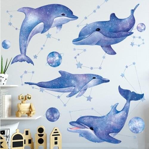 Creative Wall Stickers Cute Dolphin Blue Stars Starry Sky For Wall Decoration Kids Bedroom Living Room Classroom Decor Wallpaper