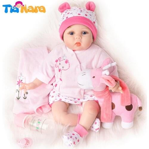 55cm Bebe Reborn Baby Doll Cute Toys for Girl Gift Alive Newborn Silicone Vinyl Short Hair Pink Outfit with Toy Giraffe Playmate