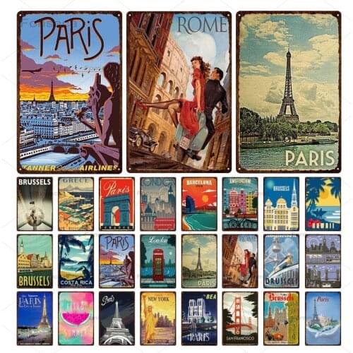 Paris New York Greece City Scenery Metal Sign Vintage Travel City Tin Plaque Iron Plates Wall Decor for Bar Club Living Room