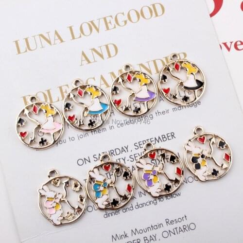 Cute Alice Rabbit Flower Pendant Alice In Wonderland Clock Enamel Charm Women Design Jewelry Cartoon Wedding Gifts Fashion 2019