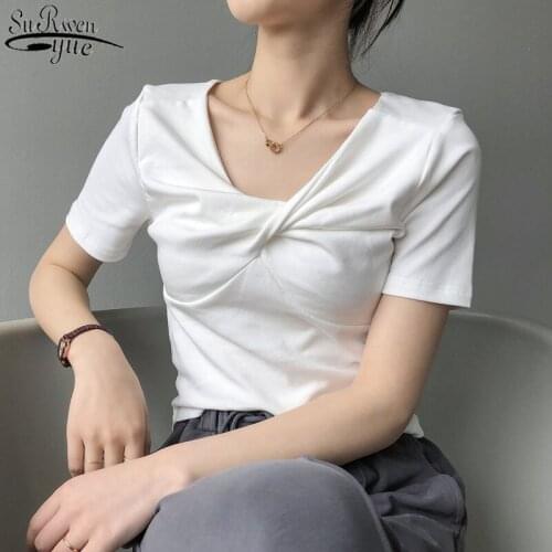 2021 Fashion Womans Shirt Summer T-shirt Korean Short-sleeved Solid Tops Female New Female V-neck Korean Folds Slim Tops 14621