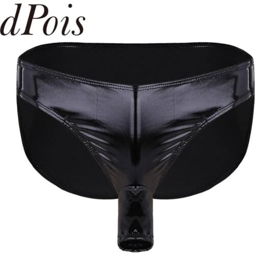 Men Wet Look Patent Leather Briefs with Open Penis Sheath Pouch Bikini Underwear Black Mens Panties Hot