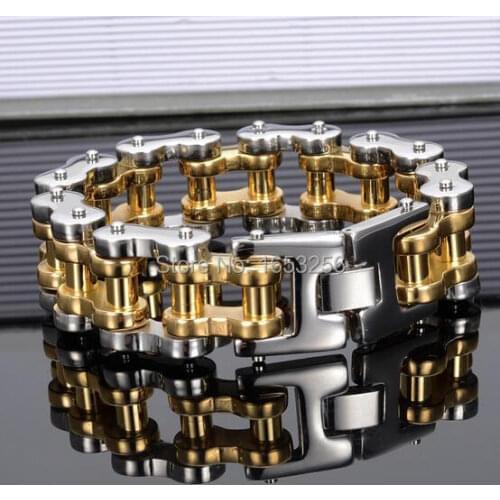 8.66'' 24mm Hip-Hop Mens Fashion Gold Motorcycle Chain Biker Bracelet 316L Stainless Steel Bangle Heavy 205g weigth