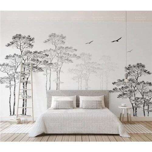 Custom Wallpaper Home Decorative Mural Black & White Sketch Abstract Tree Flying Bird TV Background walls 3d wallpaper