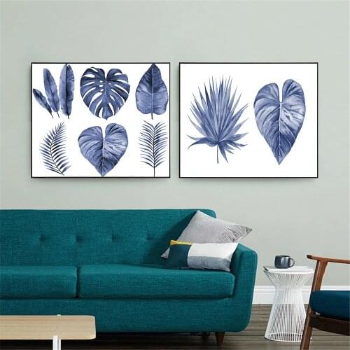 Nordic Leaf Flower Plant Wall Art Poster And Print Blue Monstera Botanical Canvas Painting Minimalist Pictures Living Room Decor
