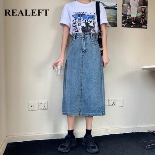 REALEFT 2021 New Spring Summer Straight Women Denim Skirts Vintage OL Style High Waist Casual Womens Long Wrap Skirts Female