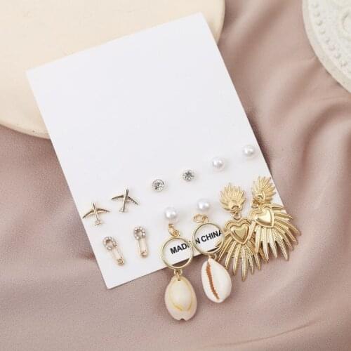 6Pairs/Set Cute Aircraft Rhinestone Pearl Stud Earrings Set For Women Fashion Natural Shell Irregular Metal Earring Jewelry Gift