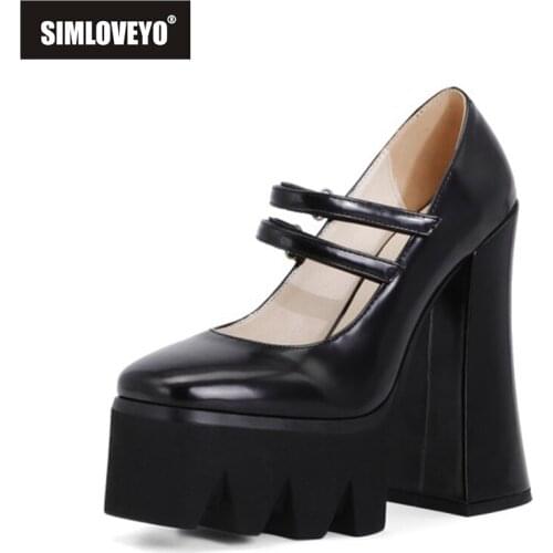 SIMLOVEYO 2021 Thick Sole Pumps Patent Leather Mary Janes Round Toe Platform Hook Loop 15.5cm Chunky Heel US12 Black White A4350