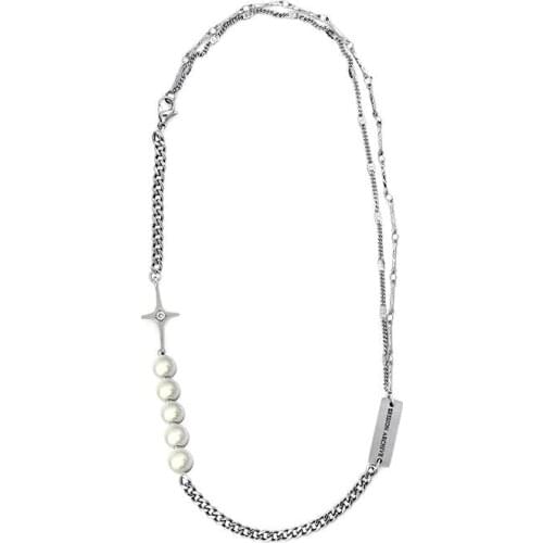 Light Luxury Niche Reflective Pearl Necklace Men Women Original Tide Brand Cross Square Brand Stitching Net Red Clavicle