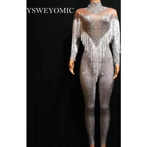 Dance Costume Silver Nude Rhinestones Spandex Tassal Jumpsuit Women Singer Bar Leggings Prom Stage Wear Dancer Birthday Outfit