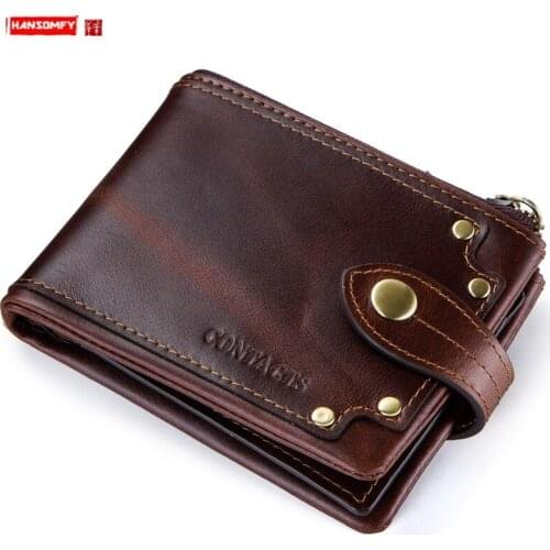 Vintage Crazy Horse Cowhide Rivet Small Purse Men Wallet Short Tri-fold Leather Mens Card Holder Wallets