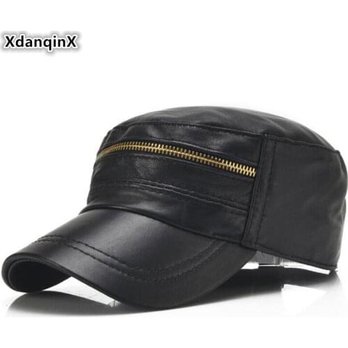 XdanqinX 2020 New Genuine Leather Hat Mens Flat Cap Army Military Hats Personality Fashion Sheepskin Leather Cap Men Brand Caps