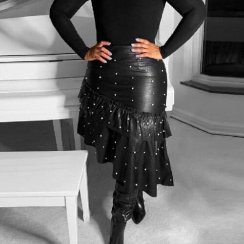 2021 Sexy Black Pu Leather Skirts Women Fashion Pearls High Waist Ruffles Midi Skirt Elegant Vintage Office Ladies Casual Skirts