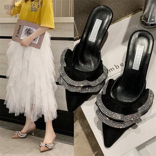 Womens shoes 2021 new fashion rhinestone fungus lotus leaf Baotou cat heel outer wear lazy half slippers