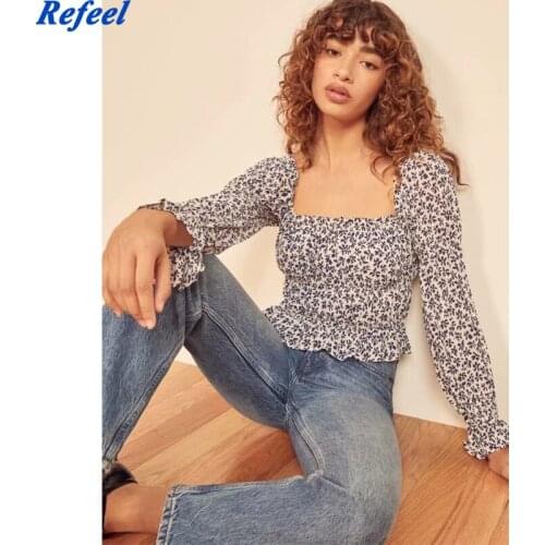 Vintage Cropped Blouse Chic Floral Print Flare Long Sleeve Ropa Mujer Fashion Ruffles Blouse Women Harajuku