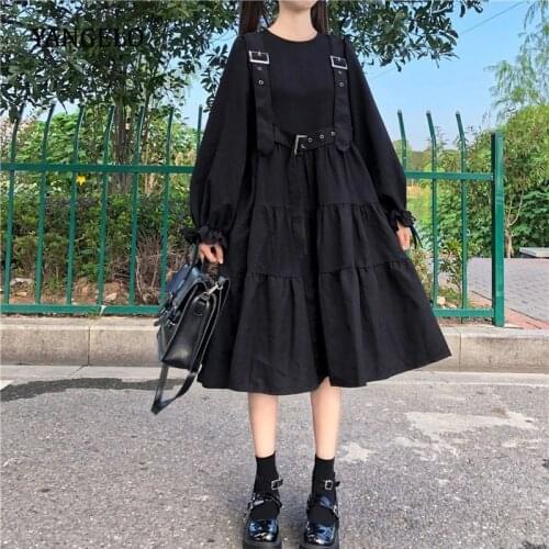 Yangelo Harajuku Women Black Midi Dress Gothic Punk Style Suspenders Bandage Dress Vintage Ruffles Long Baggy Cosplay Costume