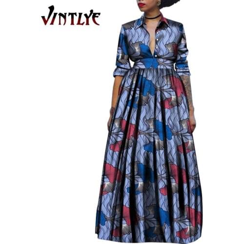 Fashion Robe Africaine Femme Floral Print Turn Down Collar Shirt Dresses African Women Loose Pleated Dress Large Size WY1097
